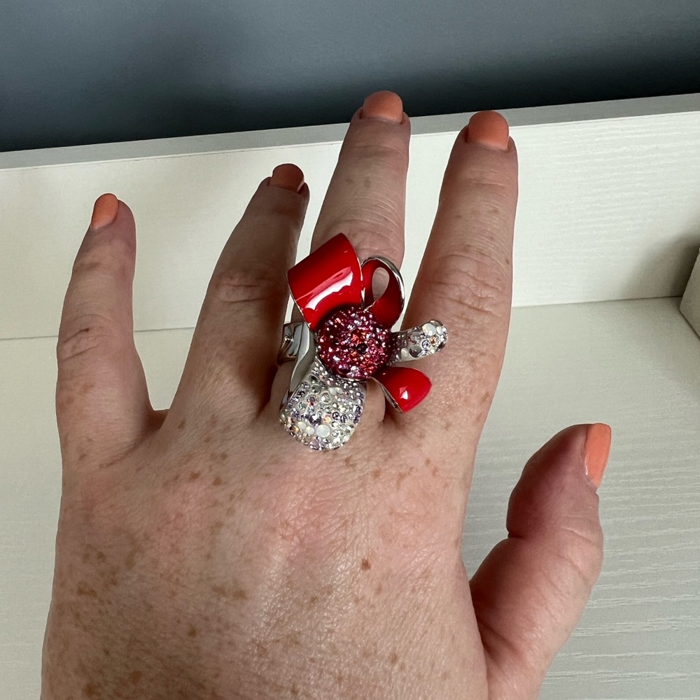 Swarovski Red And Silver Bow Statement Ring - image 3